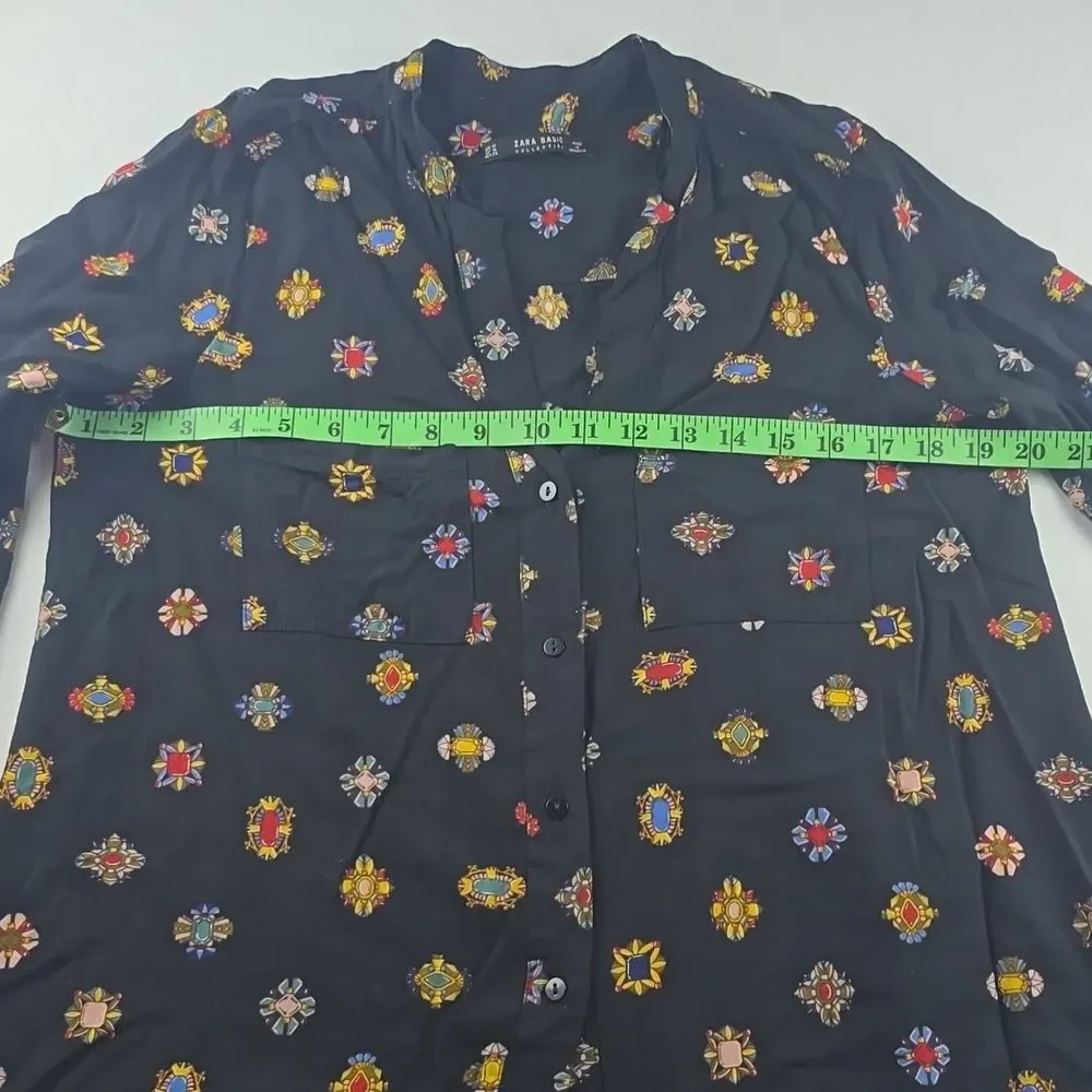 Zara -1824 Jewel Print‎ Button Up Shirt Long Sleeve Black Multicolor Medium